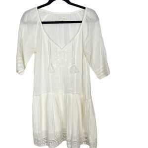 Azure Skies Cream XXS Drop Waist Embroidered Dress Tassel VNeck Short Sleeve